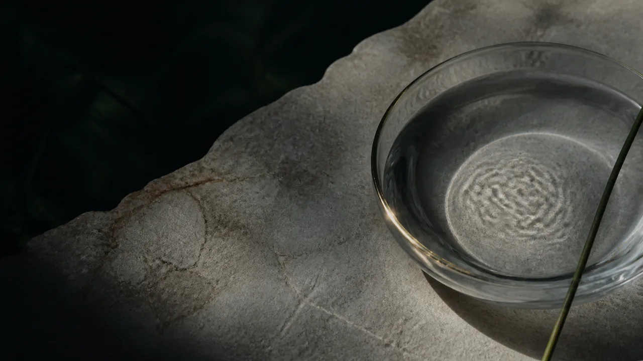 A clear glass bowl, mineral surface, and green stem reflecting golden light